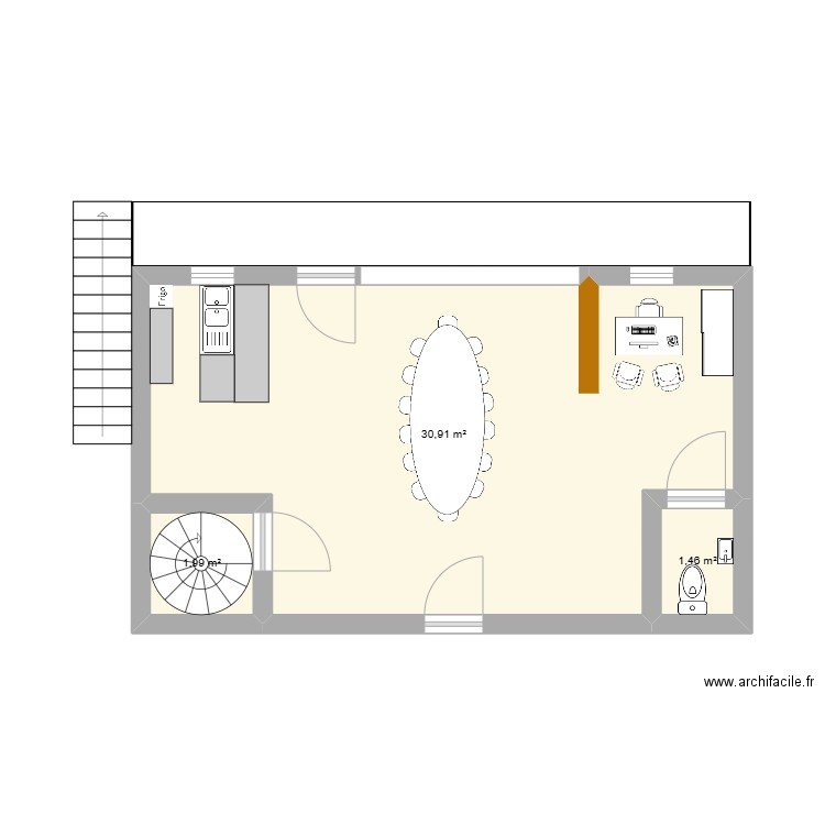 salle degustation. Plan de 3 pièces et 34 m2