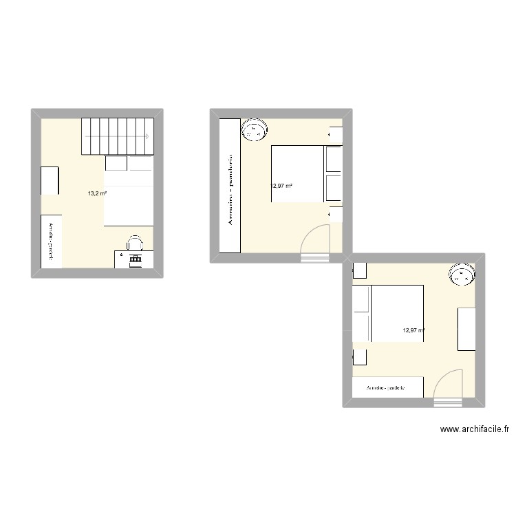 Chambres. Plan de 3 pièces et 39 m2