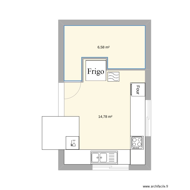 cuisine. Plan de 2 pièces et 21 m2