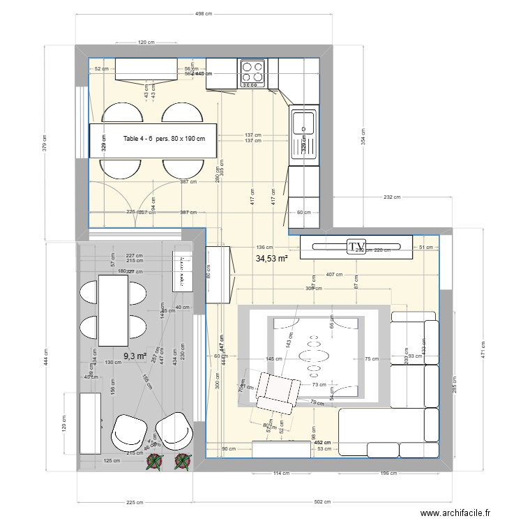 Salon + cuisine. Plan de 2 pièces et 44 m2