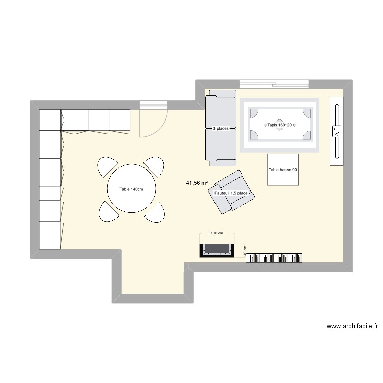 plachy40m_cuisine-salle-salon_sans_ilot. Plan de 1 pièce et 42 m2