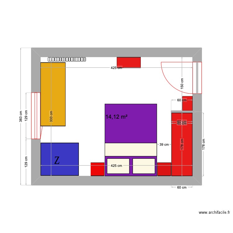 chambre Lisa. Plan de 1 pièce et 14 m2