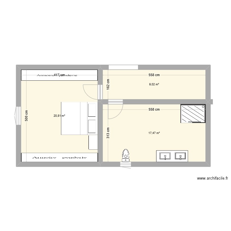 Réno borde R+1. Plan de 3 pièces et 47 m2