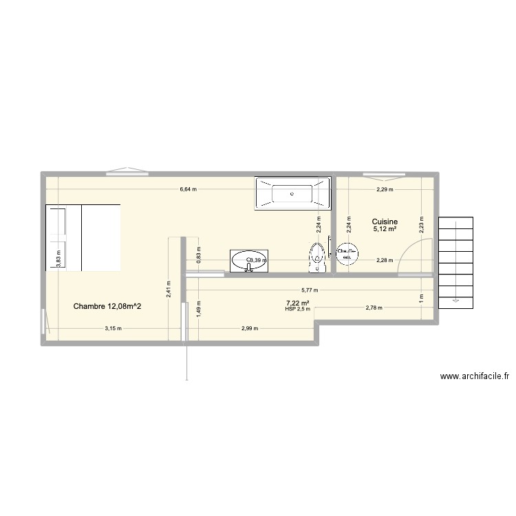 Baignoire. Plan de 3 pièces et 32 m2