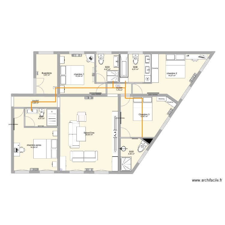 3 suites projet 4 chambres. Plan de 13 pièces et 112 m2