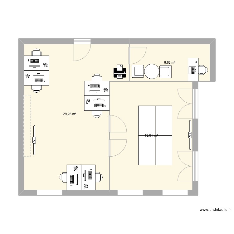 bureau 1. Plan de 3 pièces et 56 m2