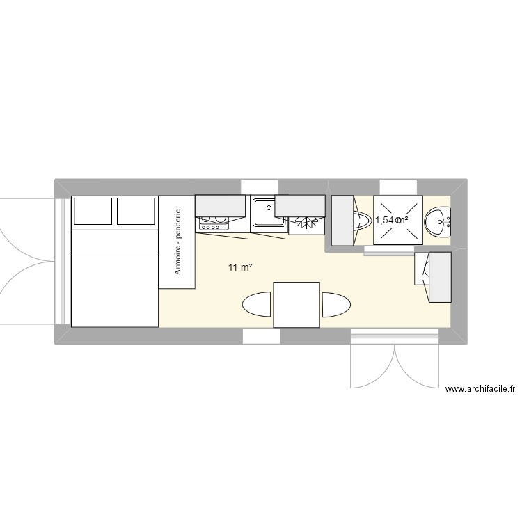 Camionette aménagée. Plan de 2 pièces et 13 m2