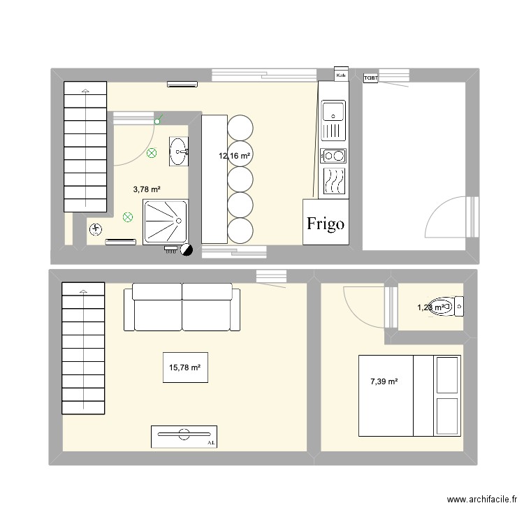 sudio bas. Plan de 5 pièces et 40 m2