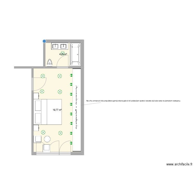 Master spavaća soba. Plan de 2 pièces et 24 m2