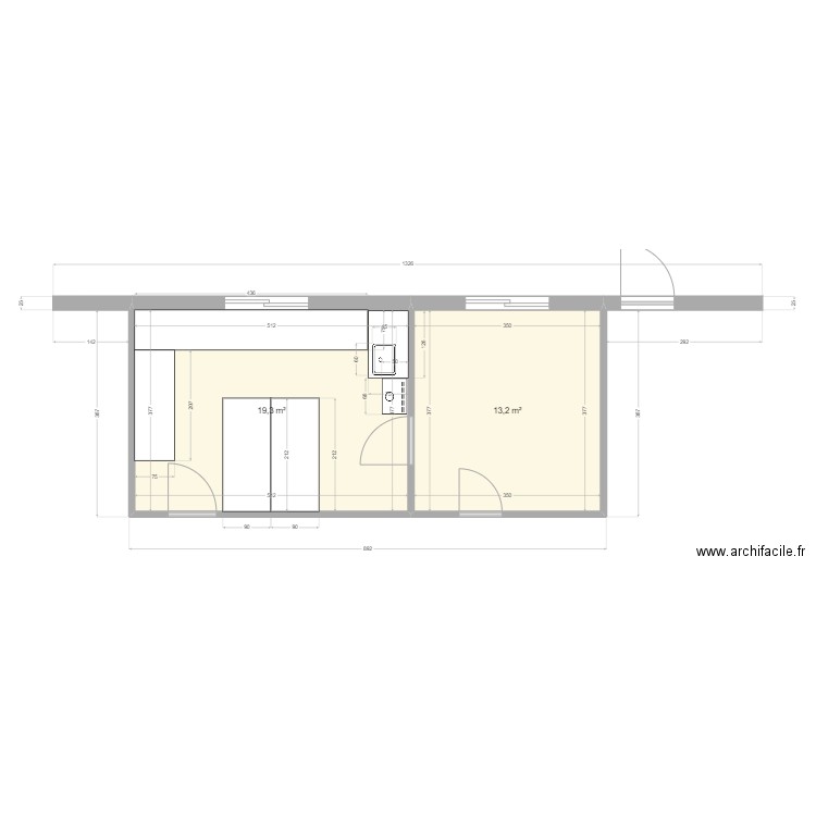 Implantation paillasse salle Analyses 19 m². Plan de 2 pièces et 33 m2