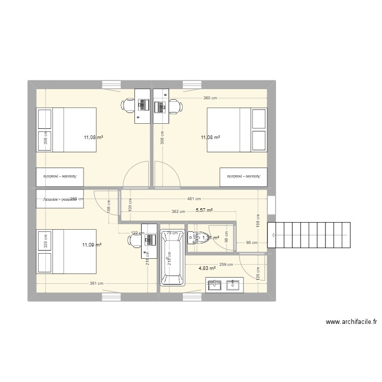 Etage aménagé. Plan de 6 pièces et 45 m2