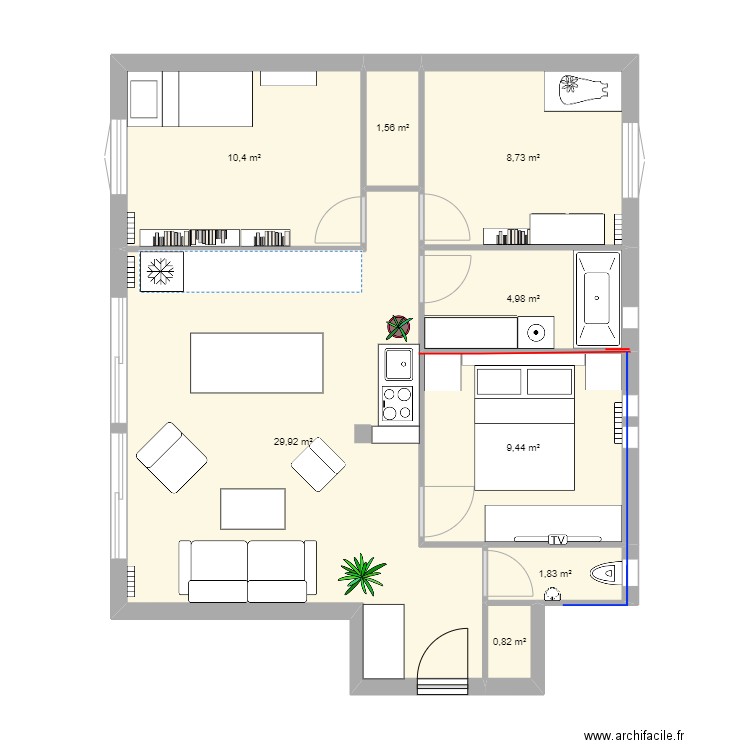 Cuisine fonds du salon. Plan de 8 pièces et 68 m2