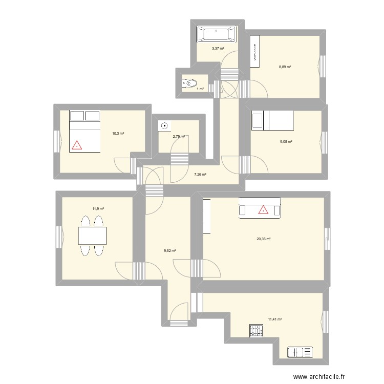 Schema INCENDIE. Plan de 11 pièces et 96 m2