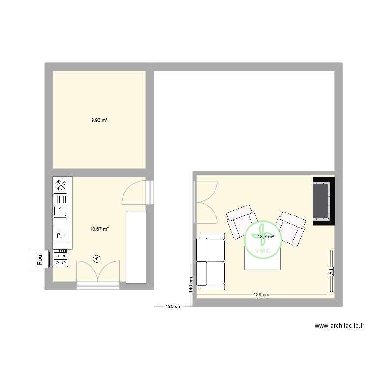 la couronne. Plan de 3 pièces et 39 m2