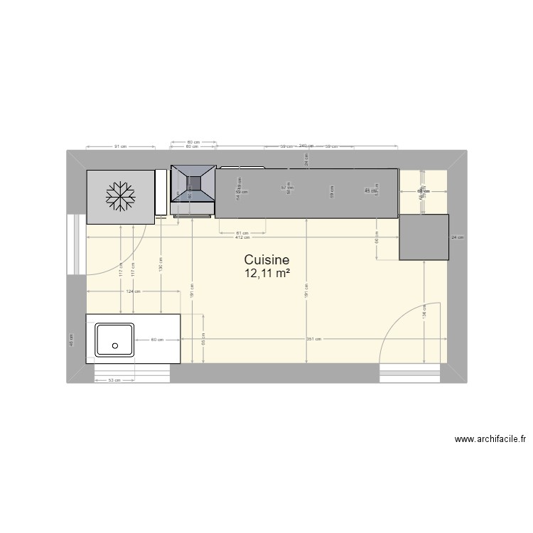 Cuisine AADL2. Plan de 1 pièce et 12 m2