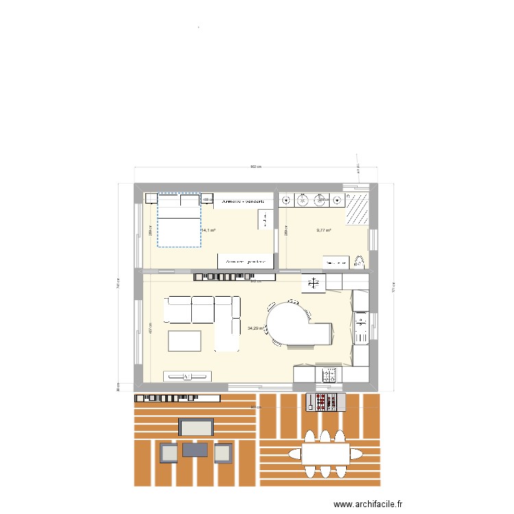 la maison du Bonheur petite version. Plan de 3 pièces et 58 m2