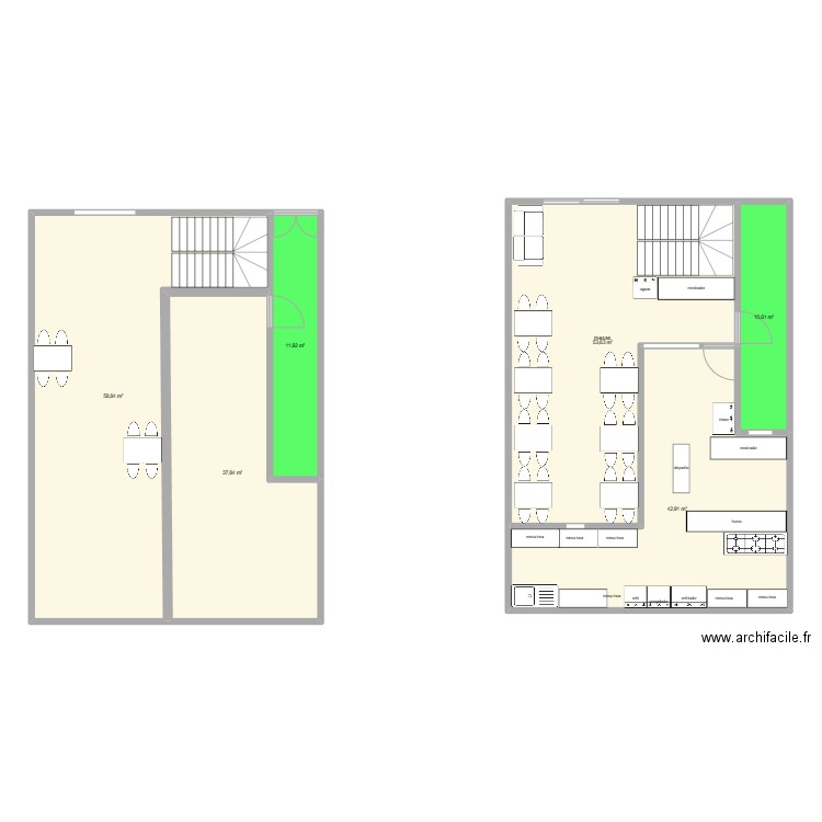 pizzeria. Plan de 6 pièces et 216 m2