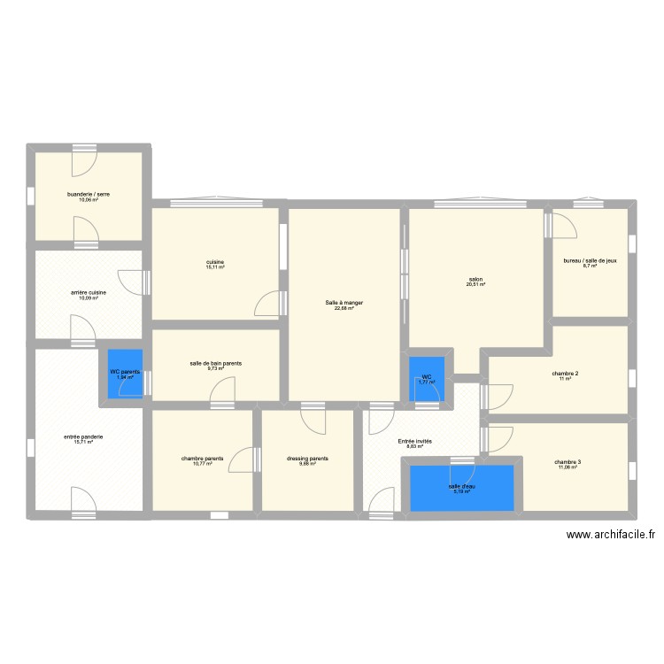 plan 1. Plan de 16 pièces et 173 m2