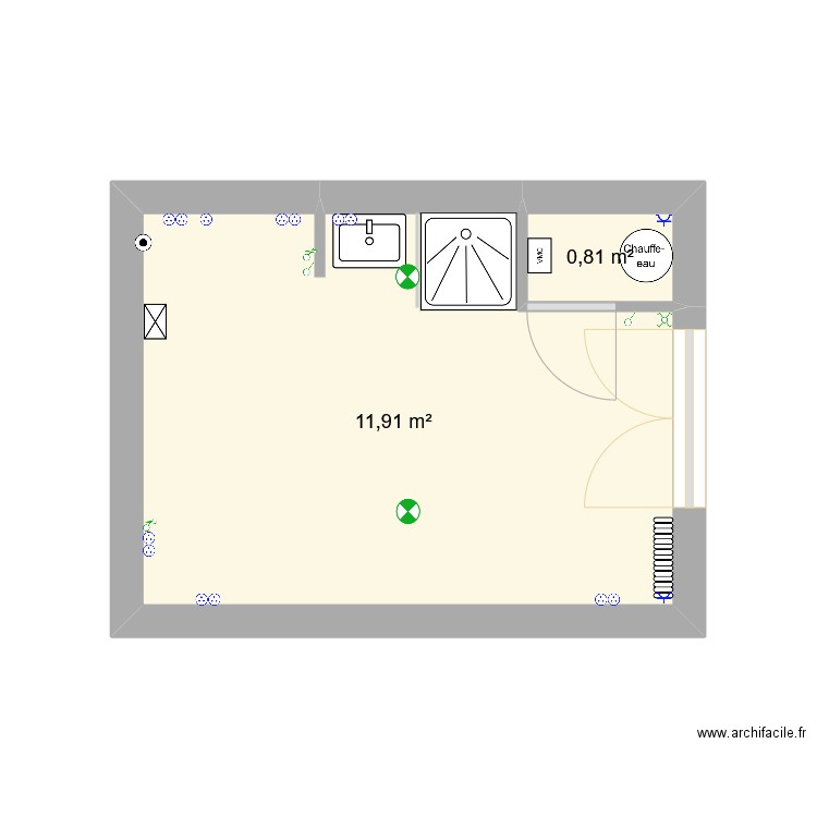 Studio. Plan de 2 pièces et 13 m2