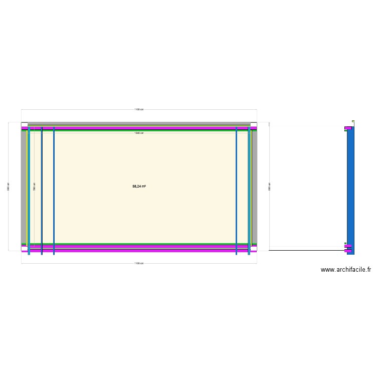 plancher bâtiment. Plan de 1 pièce et 58 m2