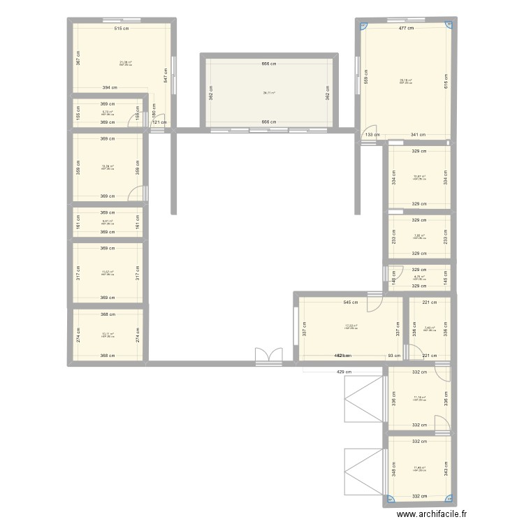 PLAN U. Plan de 15 pièces et 192 m2