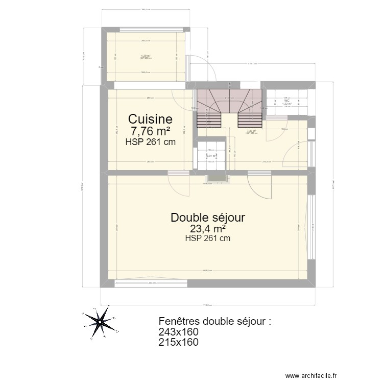 Plan avec dimensions RDC. Plan de 6 pièces et 45 m2