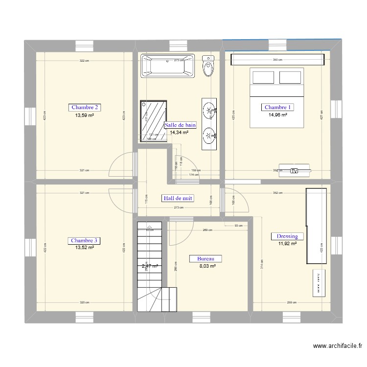 Maison Cheneau étage 2. Plan de 7 pièces et 79 m2