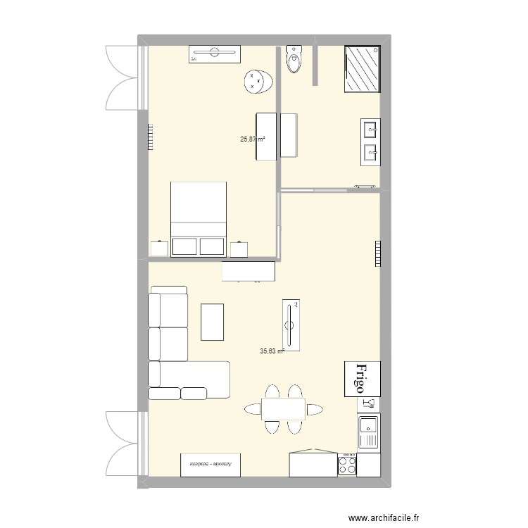 Gites meubles. Plan de 2 pièces et 62 m2