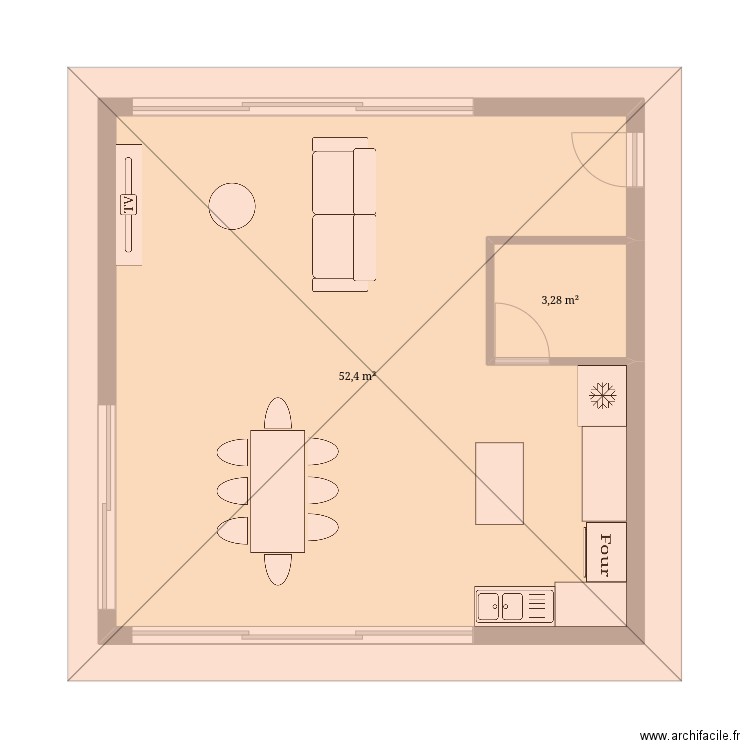 salon. Plan de 2 pièces et 56 m2