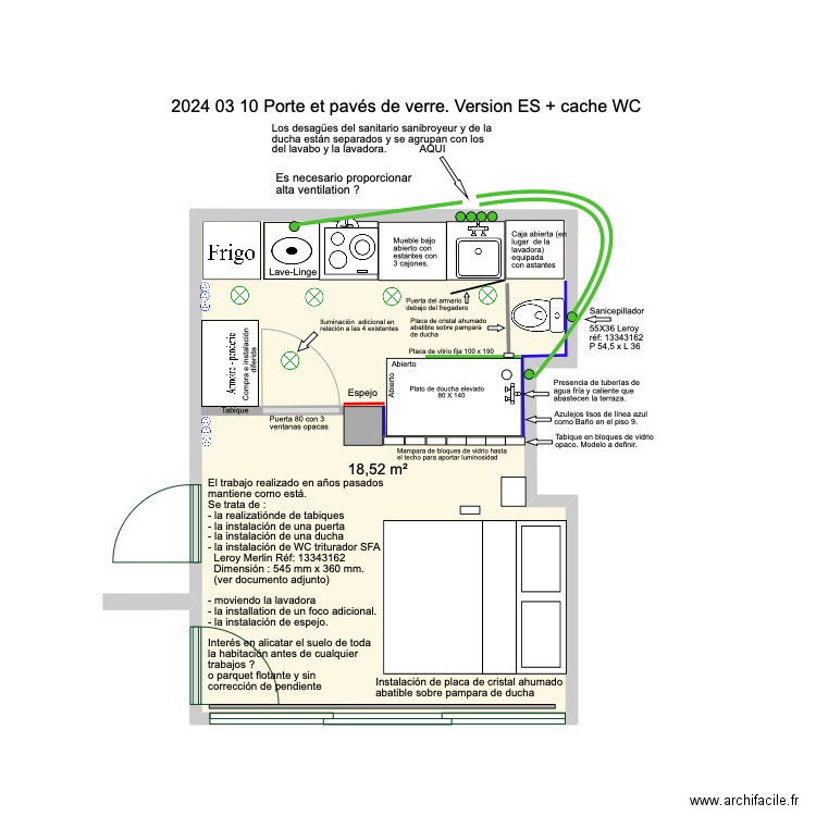 2024 03 10 avec porte et bloc de verre Version ES +Cache wc. Plan de 1 pièce et 19 m2