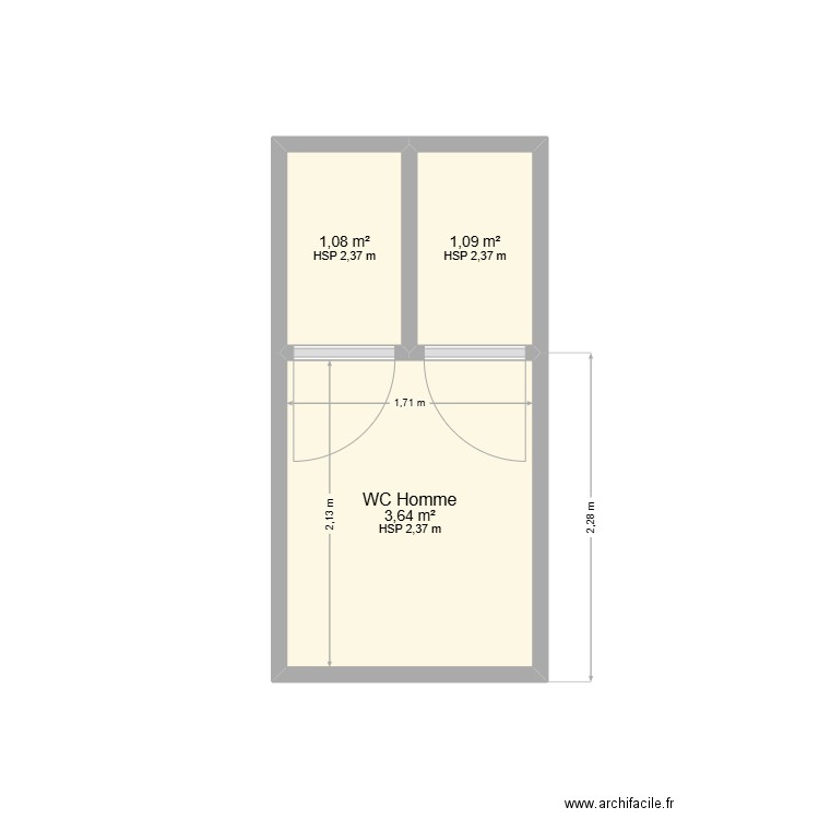 WC Administratif RDC. Plan de 3 pièces et 6 m2