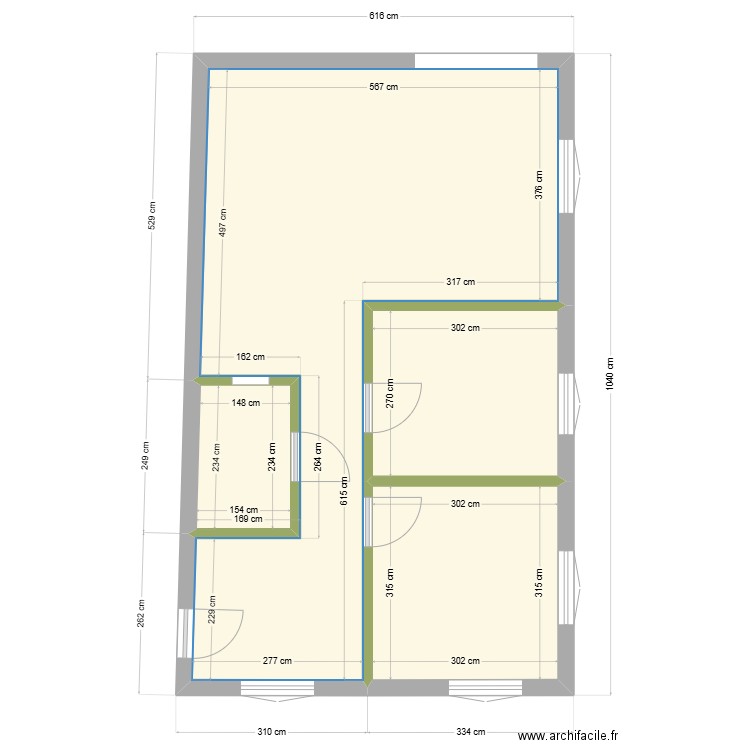 Studio. Plan de 4 pièces et 55 m2