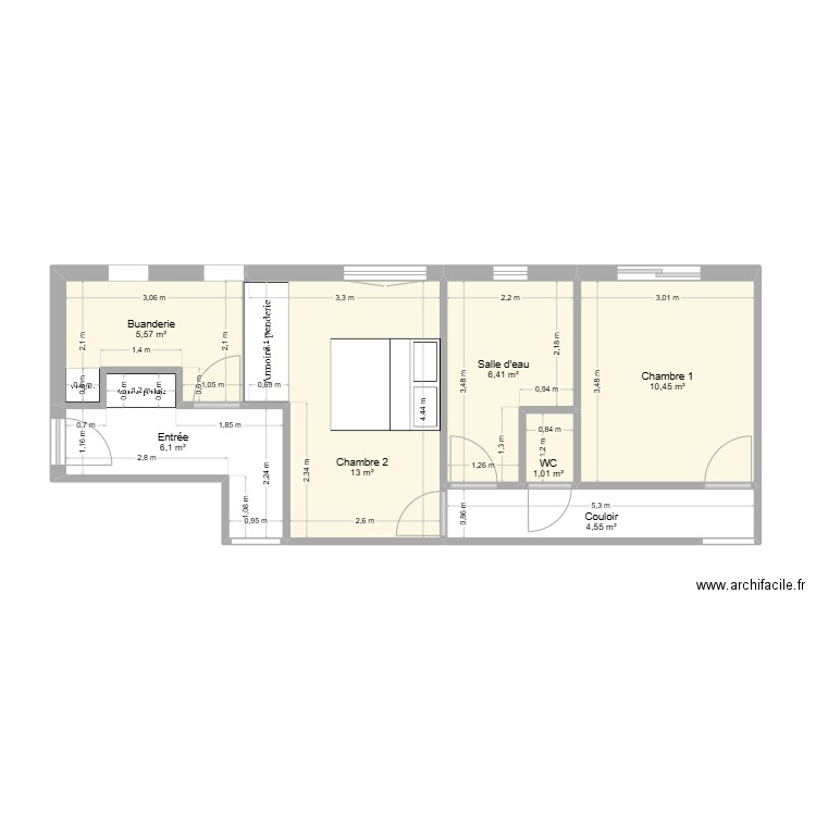 reaménagement chambres d'amis 2ème version. Plan de 7 pièces et 47 m2