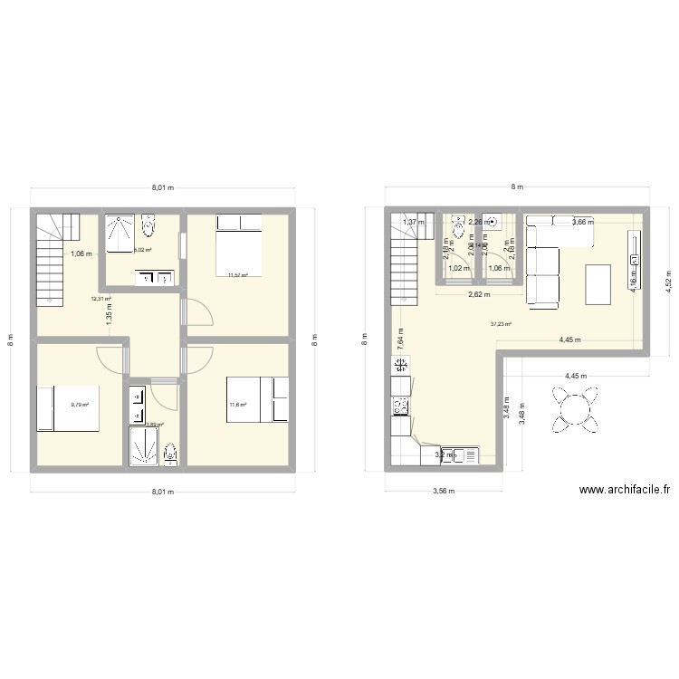 Maison 100m² en étage. Plan de 8 pièces et 96 m2