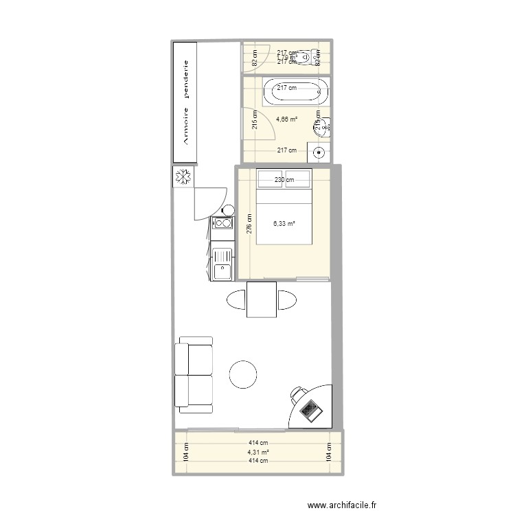 appart ile verte. Plan de 4 pièces et 17 m2