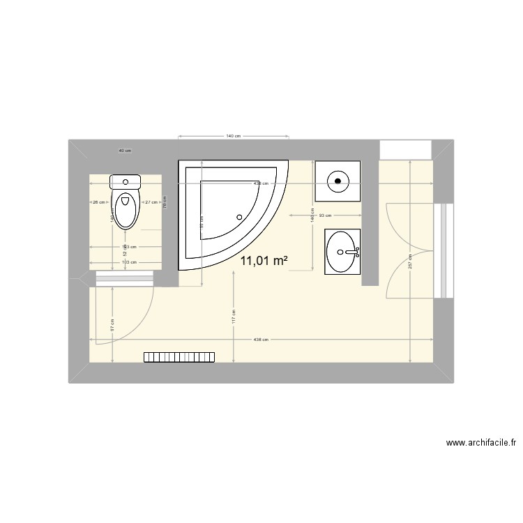 BIERBRAUER SDB actuelle. Plan de 1 pièce et 11 m2