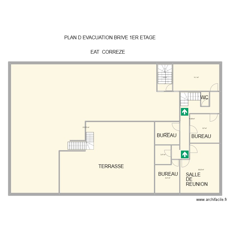 19 BRIVE (EAT plan évacuation 1er étage). Plan de 10 pièces et 298 m2