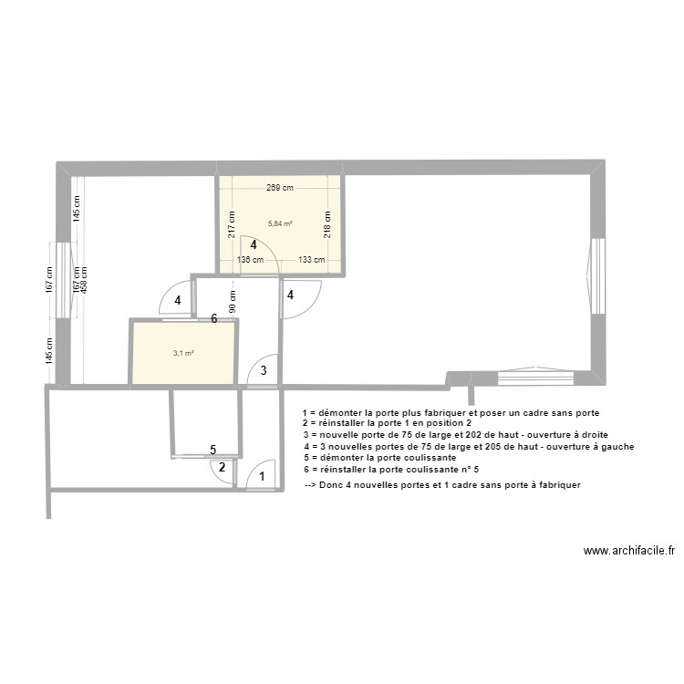 extension_position_des_portes. Plan de 2 pièces et 9 m2