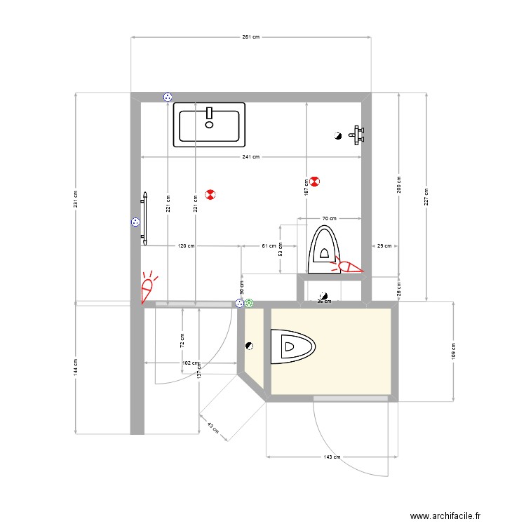 Salle d'eau 42 WC déplacement. Plan de 2 pièces et 2 m2