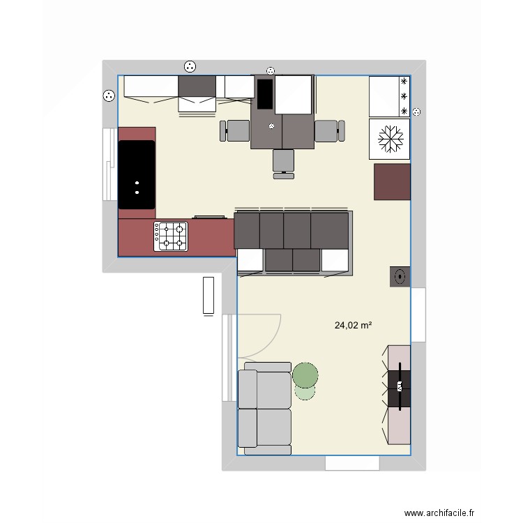 Cuisine. Plan de 1 pièce et 24 m2