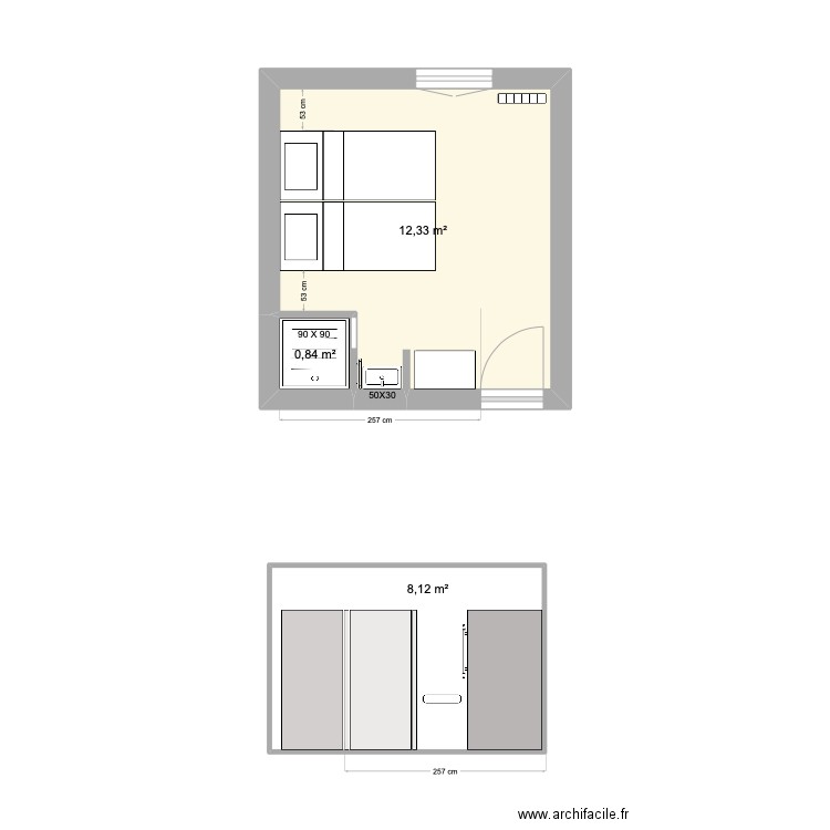 SDB petite chambre. Plan de 3 pièces et 21 m2