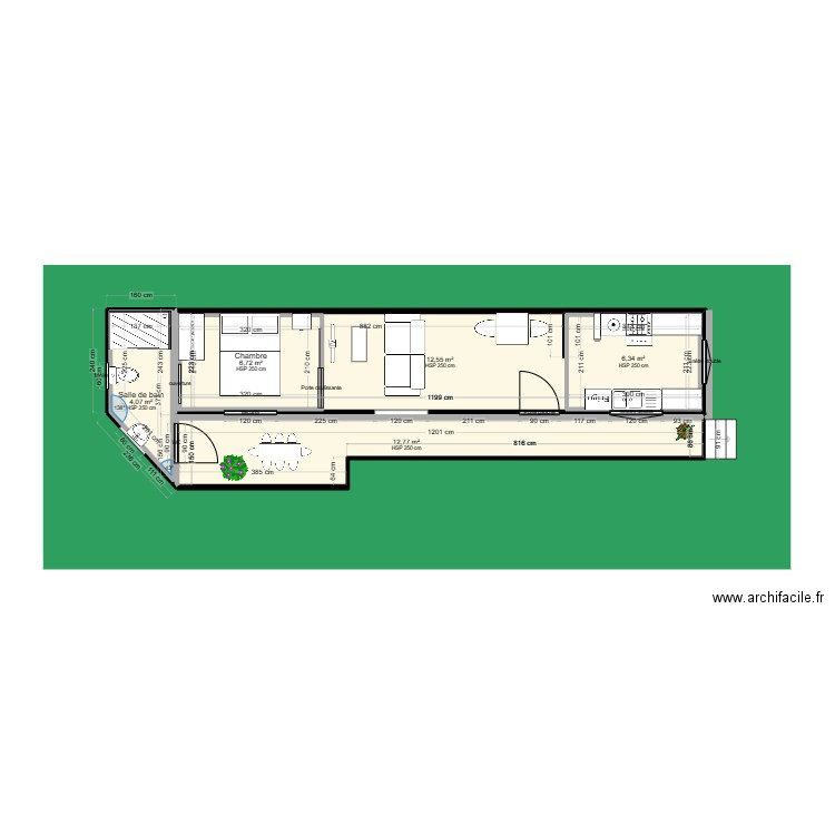 Maison T2 avec 40 pieds HC. Plan de 5 pièces et 57 m2