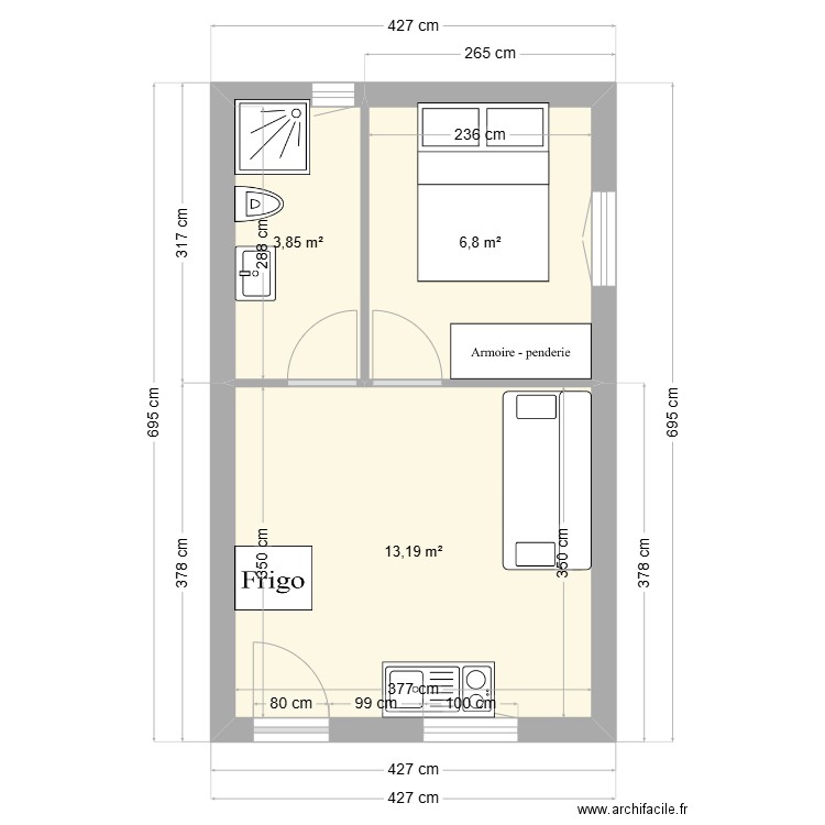 POVO 1. Plan de 3 pièces et 24 m2