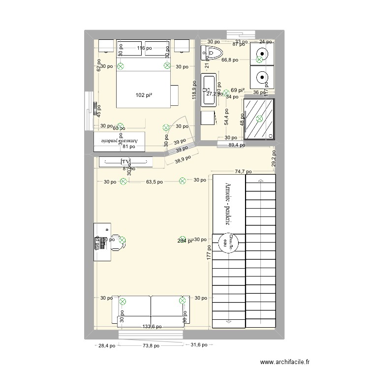 Sous sol. Plan de 3 pièces et 44 m2