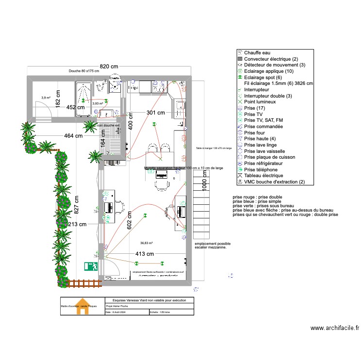 Atelier Pioche / Co working . Plan de 3 pièces et 45 m2