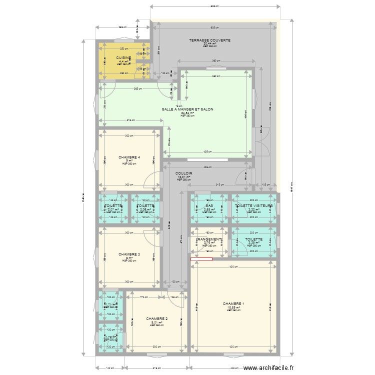 PLAN A 4 CHAMBRES. Plan de 16 pièces et 127 m2