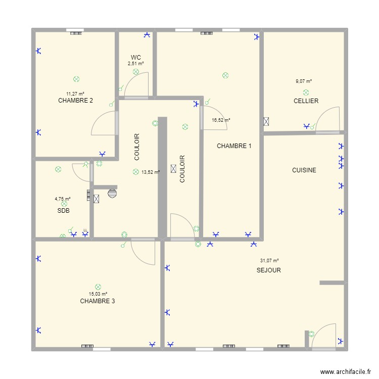 TILLIER - appart. Haut - Couloir, WC, Chambre 2. Plan de 8 pièces et 104 m2