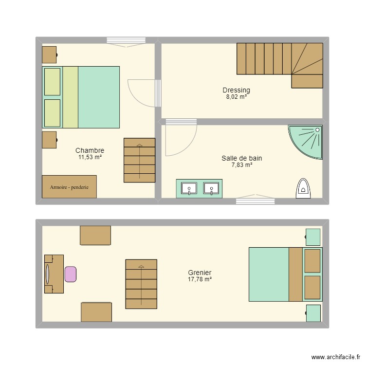 Petite maison étages avec meubles. Plan de 4 pièces et 45 m2