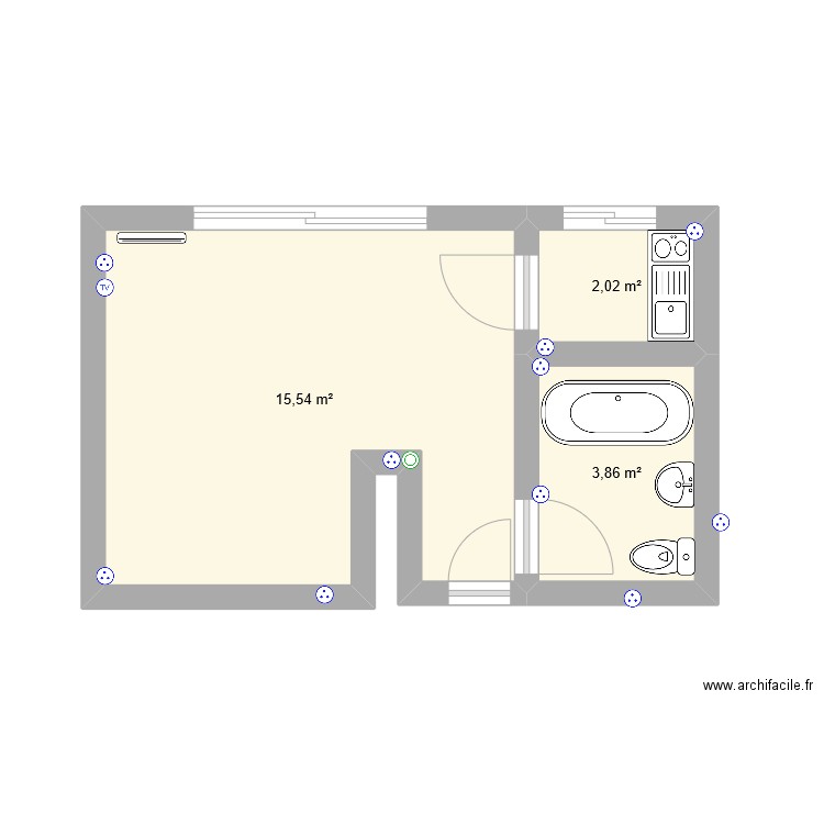 studio. Plan de 3 pièces et 21 m2