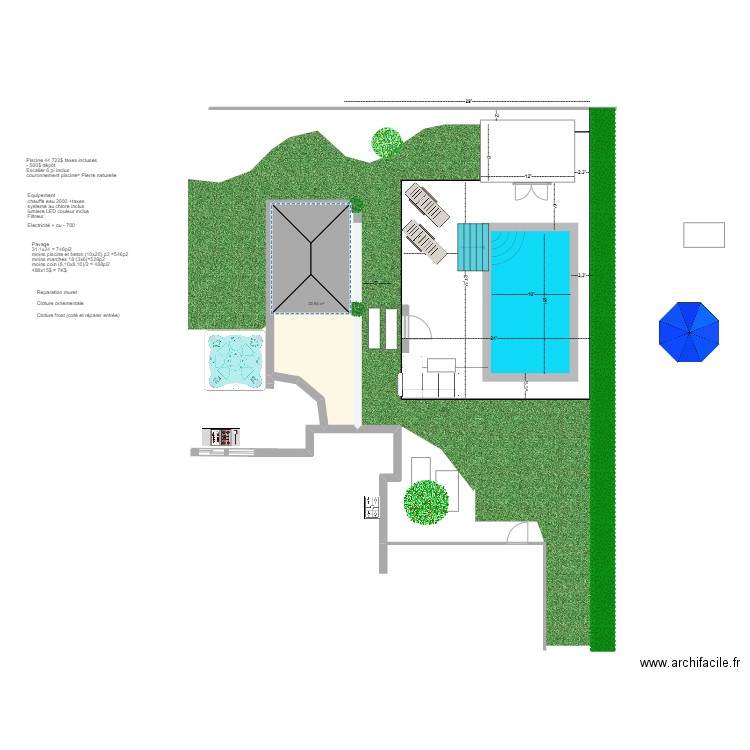 Aménagement piscine. Plan de 1 pièce et 23 m2